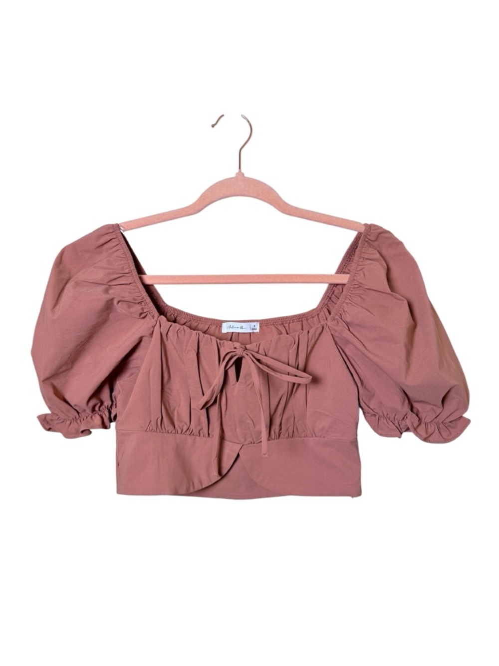 Active USA Small Mauve Tie-Front Puff Sleeve Crop Top